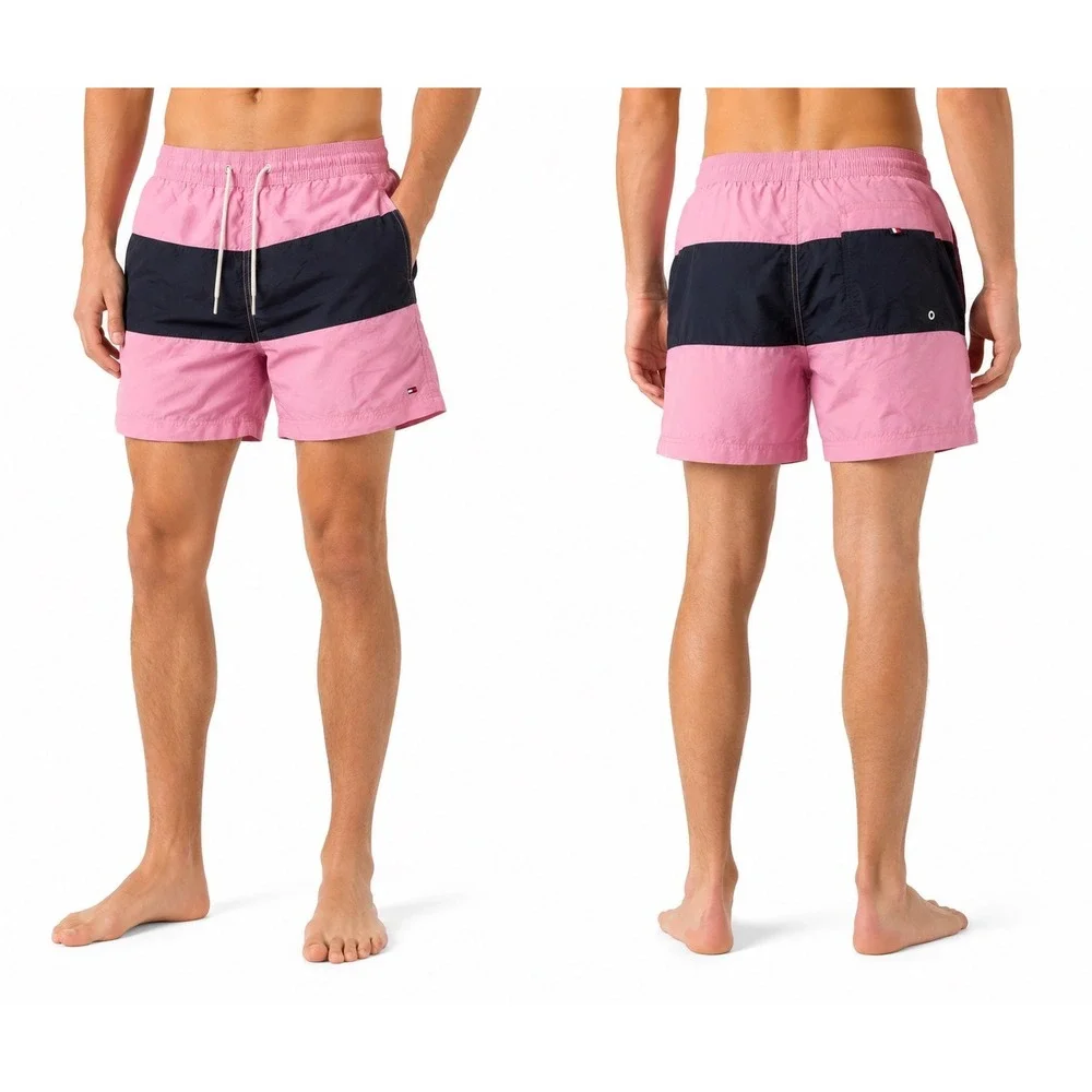 Tommy Hilfiger Mens Pink Navy Colorblock Swim Trunks Medium Drawstring Shorts